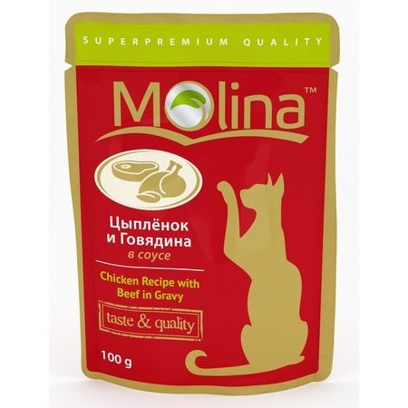 Molina Влажный корм Molina для взрослых кошек с цыпленком и говядиной в соусе в паучах - 100 г