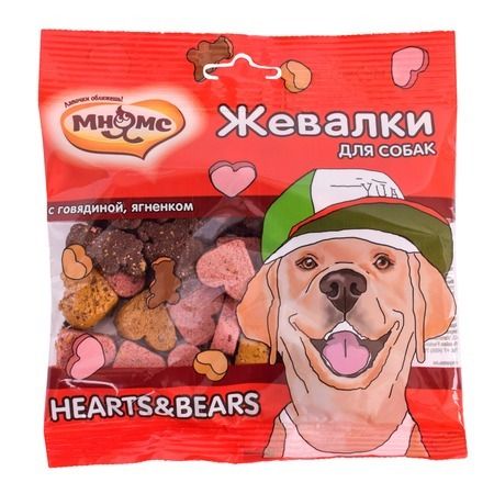 Мнямс Мнямс лакомство Hearts & Bears жевалки для взрослых собак и щенков с говядиной и ягненком - 150 г