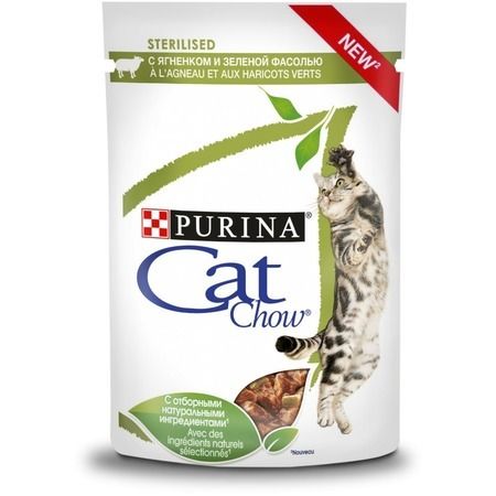PURINA CAT CHOW Влажный корм Purina Cat Chow Sterilised для стерилизованных кошек с ягненком и зеленой фасолью в соусе в паучах - 85 г