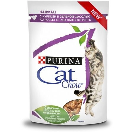 PURINA CAT CHOW Влажный корм Purina Cat Chow Hairball для взрослых кошек для выведения шерсти из желудка с курицей и зеленой фасолью в соусе в паучах - 85 г