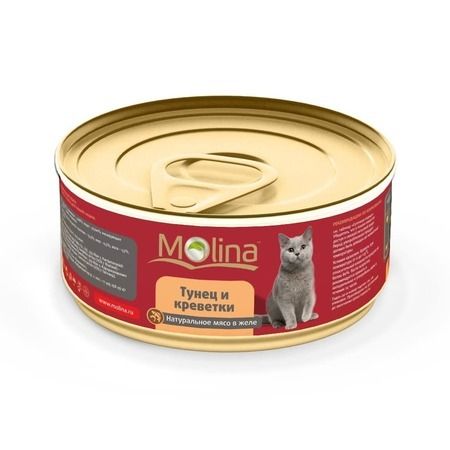 Molina Влажный корм Molina для взрослых кошек с тунцом и креветками в желе в консервах - 80 г