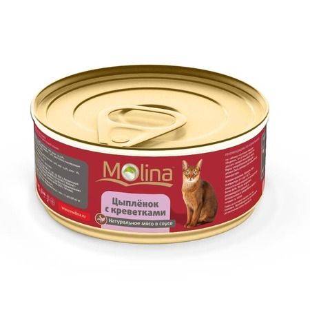 Molina Влажный корм Molina для взрослых кошек с цыпленком и креветками в соусе в консервах - 80 г