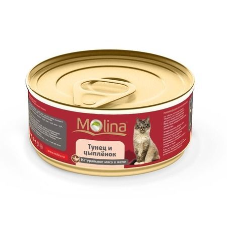 Molina Влажный корм Molina для взрослых кошек с тунцом и цыпленком в желе в консервах - 80 г