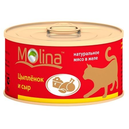 Molina Влажный корм Molina для взрослых кошек с цыпленком и сыром в желе в консервах - 80 г