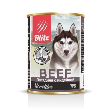 BLITZ Влажный корм Blitz Adult Dog для взрослых собак с говядиной и индейкой в консервах - 400 г
