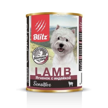 BLITZ Влажный корм Blitz Adult Dog для взрослых собак с ягненком и индейкой в консервах - 400 г