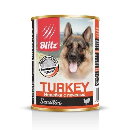 BLITZ Влажный корм Blitz Adult Dog для взрослых собак с индейкой и печенью в консервах - 400 г