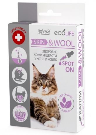 Капли Ms. Kiss Ecolife Skin & Wool для здоровья кожи и шерсти котят и кошек (10 мл)
