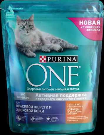 Сухой корм Purina One для красивой шерсти и здоровой кожи кошек (750 г, Курица и злаки)