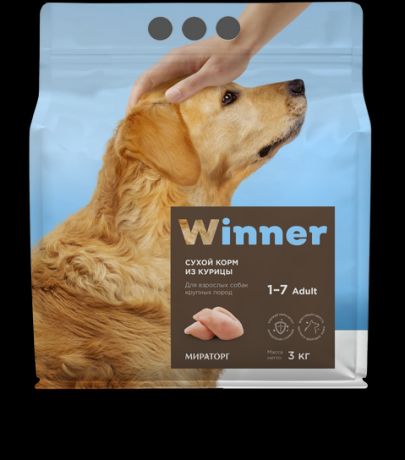 Сухой корм Winner полнорационный из курицы для взрослых собак крупных пород (10 кг, Курица)