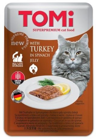 Паучи Tomi GF c индейкой в желе из шпината для кошек (100 г)