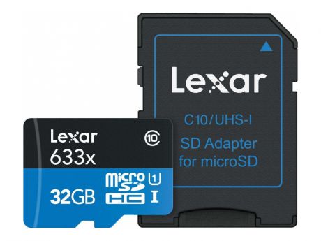 Карта памяти 32Gb - Lexar Micro Secure Digital HC 633X Class 10 UHS-I LSDMI32GBBEU633A с переходником под SD