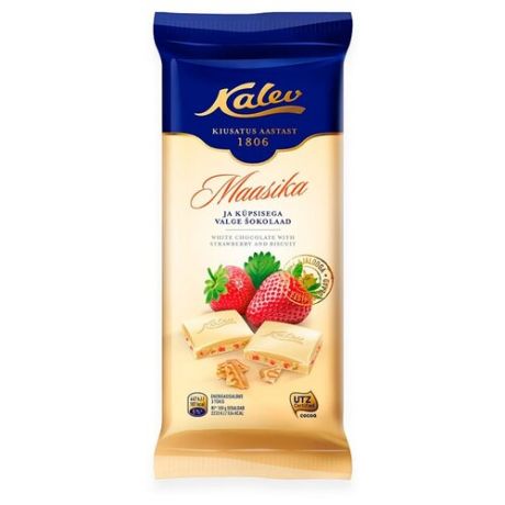 Шоколад Kalev белый с кусочками печенья и клубникой, 100 г