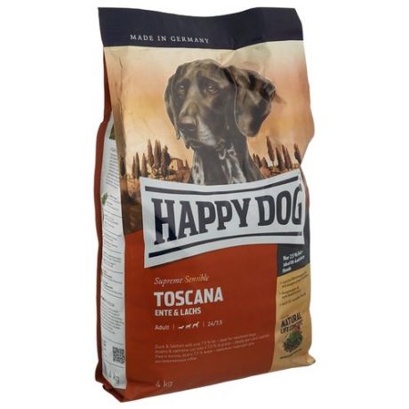 Сухой корм для собак Happy Dog Supreme Sensible Toscana для здоровья кожи и шерсти, лосось, утка 4 кг
