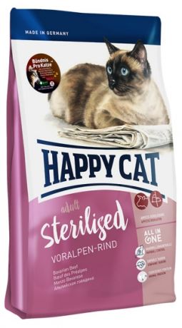 Корм Happy Cat Sterilised для кошек, c говядиной, 1.4 кг