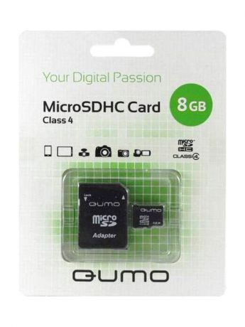 Карта памяти 8Gb - Qumo Micro Secure Digital HC Class 4 QM8GMICSDHC4 с переходником под SD