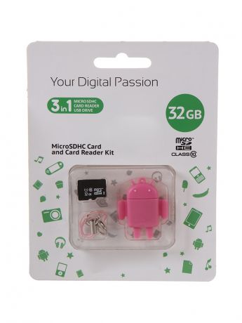 Карта памяти 32Gb - Qumo Fundroid Micro Secure Digital HC Class 10 Pink QM32GCR-MSD10-FD-PNK с картридером USB