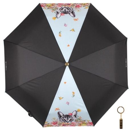 Зонт автомат FLIORAJ Premium Золотой брелок Кот и цветы черный/голубой