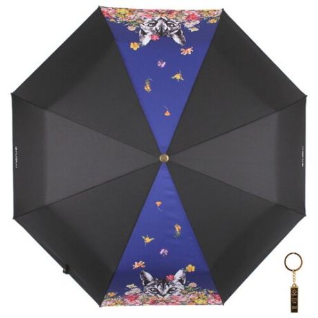 Зонт автомат FLIORAJ Premium Золотой брелок Кот и цветы черный/синий