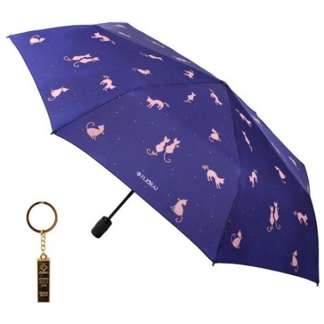 Зонт автомат FLIORAJ Premium Золотой брелок Кошки на ночном небе синий