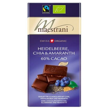 Шоколад Maestrani горький с черникой, амарантом и чиа, 80 г