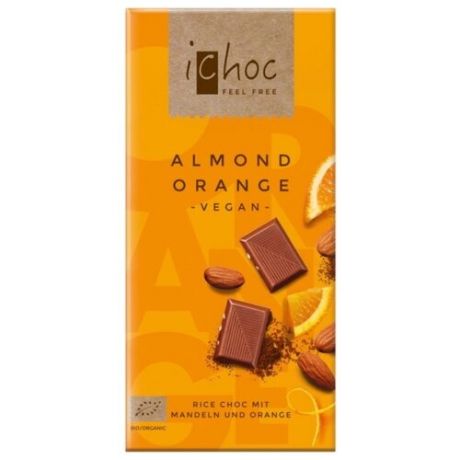 Шоколад iChoc Almond Orange на рисовом молоке с дробленым миндалем и апельсином, 80 г