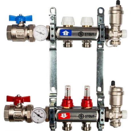 Коллектор распределительный Stout SMS 0907 000002 на 2 контура в сборе с расходомерами