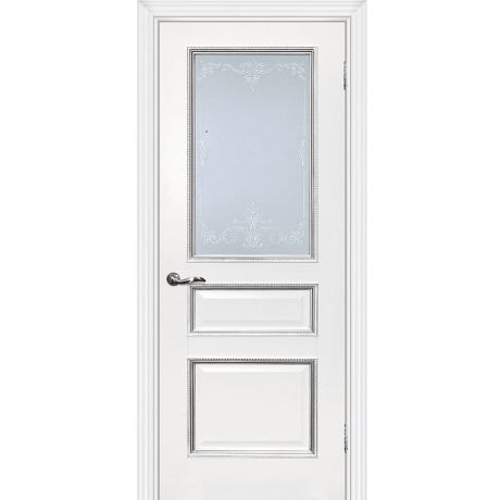 Дверное полотно Мариам Мурано-2 экошпон белое багет с тиснением патина серебро стекло сатинат серебро 2000х800 мм