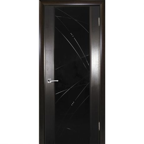 Дверное полотно Текона Страто 02 шпон Черный дуб тонированный стекло черный триплекс гравировка Роса правая 2000х600 мм
