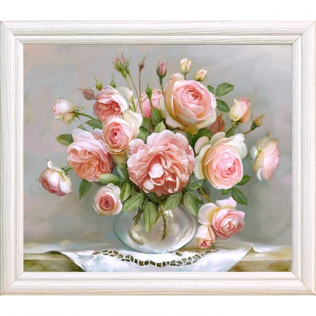 Картина в раме РУССКАЯ КОЛЛЕКЦИЯ Розы в стеклянной вазочке 30х25см