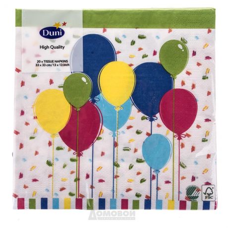 Салфетки бумажные DUNI Balloons and cofetti, 3-слойные, 33см, 20шт, 173419