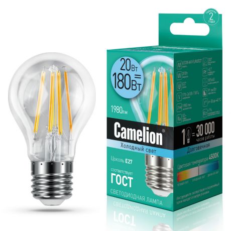 Лампа светодиодная FIL E27 20W груша Camelion холодный свет