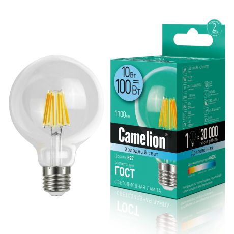 Лампа светодиодная FIL E27 10W большой шар Camelion холодный свет