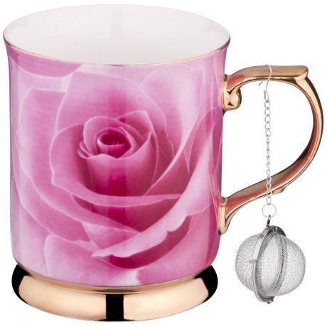 Кружка с ситом Роза розовая 400 мл,фарфор