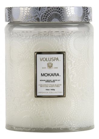 Ароматическая свеча Mokara (орхидея и белая лилия): свеча в большом стеклянном подсвечнике 453г