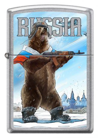 Зажигалка бензиновая Русский медведь (серебристая, матовая)