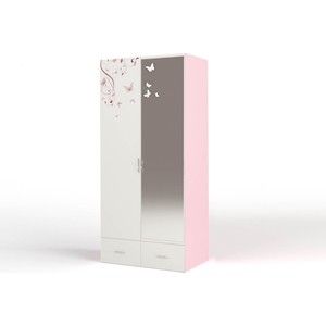 Шкаф 2-х дверный ABC-KING Фея зеркало с бабочками розовый