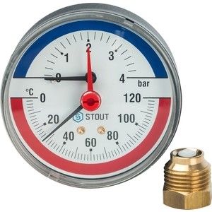 Термоманометр STOUT аксиальный Dn 80 мм 1/2" 0-4 бар 0-120 град в комплекте с автоматическим запорным клапаном (SIM-0005-800415)