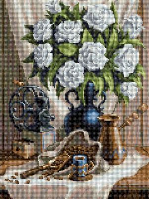 Алмазная мозаика Алмазная живопись Алмазная вышивка Белые розы и черный кофе (АЖ-1657) - картина стразами
