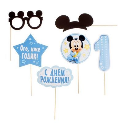 Фотофон Disney 1489521 Набор фотобутафорий на палочках "1 годик", Микки Маус и друзья