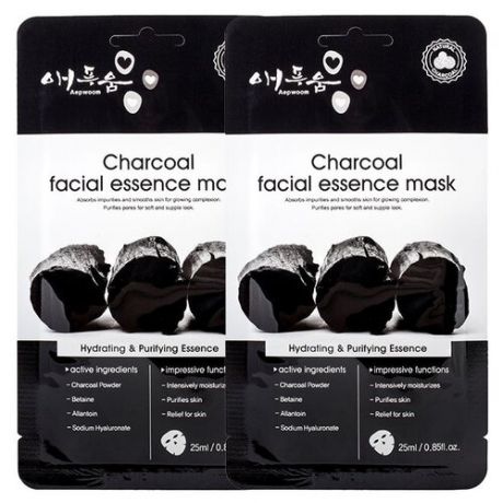 Aepwoom Маска для лица угольная Charcoal facial essence mask, 25 мл, 2 шт.