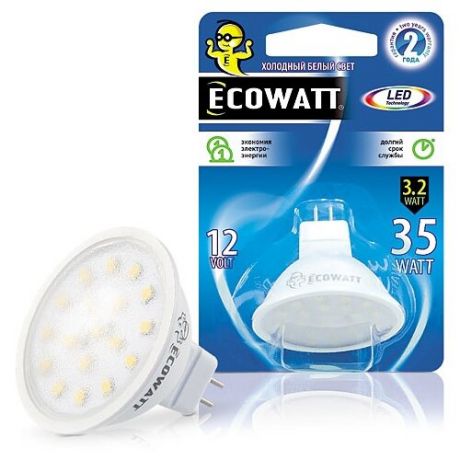 Лампа светодиодная Ecowatt 12В 4000K, GU5.3, MR16, 3.2Вт