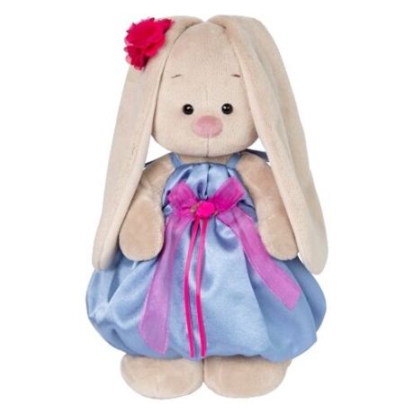 Мягкая игрушка Зайка Ми в синем платье с розовым бантиком 25 см