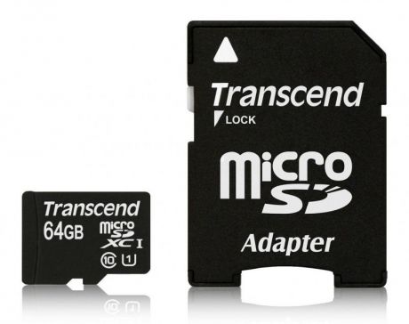 Карта памяти 64Gb - Transcend - Micro Secure Digital XC Class 10 UHS-I TS64GUSDU1 с переходником под SD