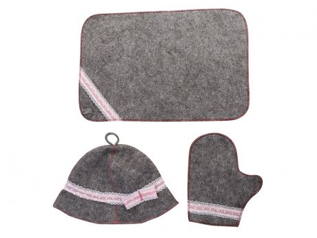 Набор для бани Жар-Банька Розовое кружево: шапка,коврик,рукавичка Grey-Pink