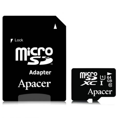 Карта памяти 64Gb - Apacer - Micro Secure Digital XC Class 10 UHS-I U1 AP64GMCSX10U1-R с переходником под SD