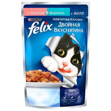 Корм для кошек Felix Двойная вкуснятина с лососем, с форелью 85 г (кусочки в желе)