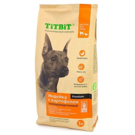 Корм для собак Titbit (3 кг) Для собак всех пород гипоаллергенный с индейкой и картофелем