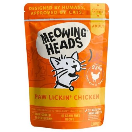 Корм для кошек Meowing Heads (0.1 кг) Паучи Paw Lickin' Chicken для взрослых кошек, курица