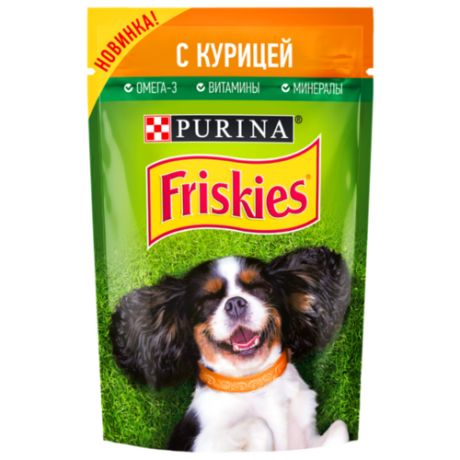 Корм для собак Friskies (0.085 кг) 1 шт. консервированный полнорационный для взрослых собак, кусочки с курицей в подливе